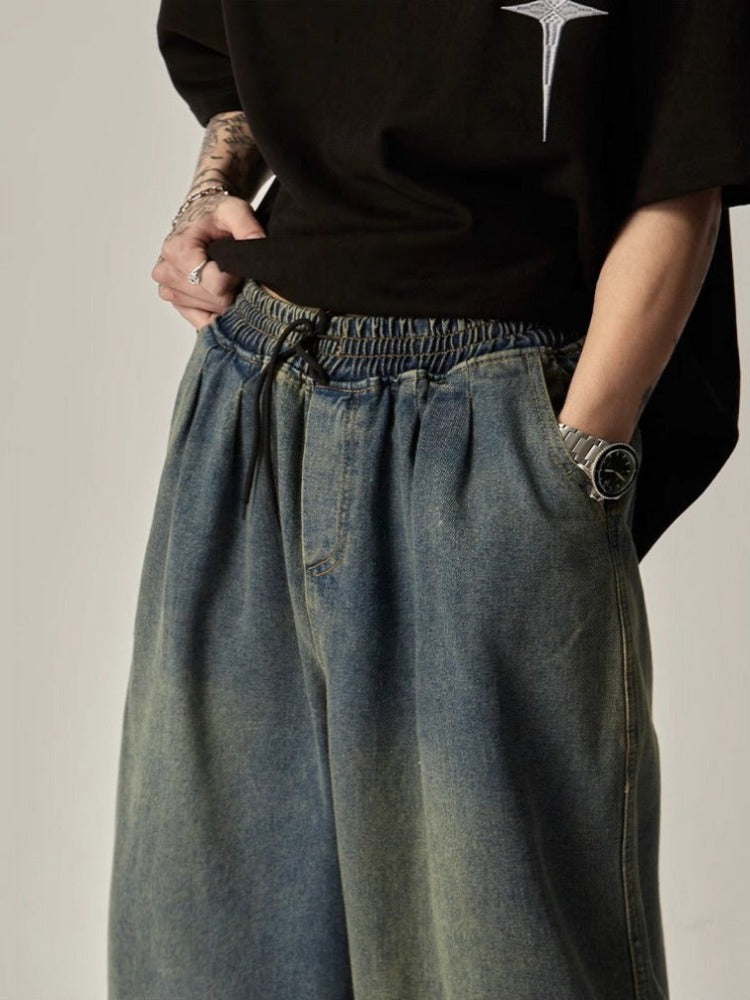 Wide Legged Washed Adjustable-Waist Jean Pants