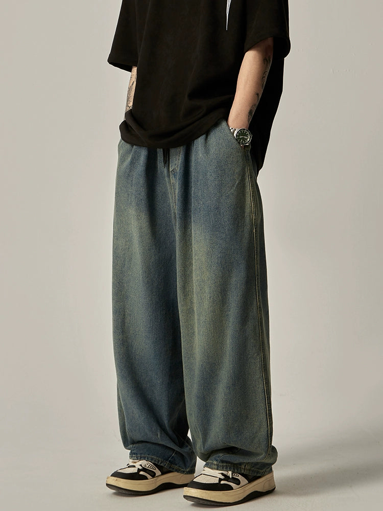 Wide Legged Washed Adjustable-Waist Jean Pants