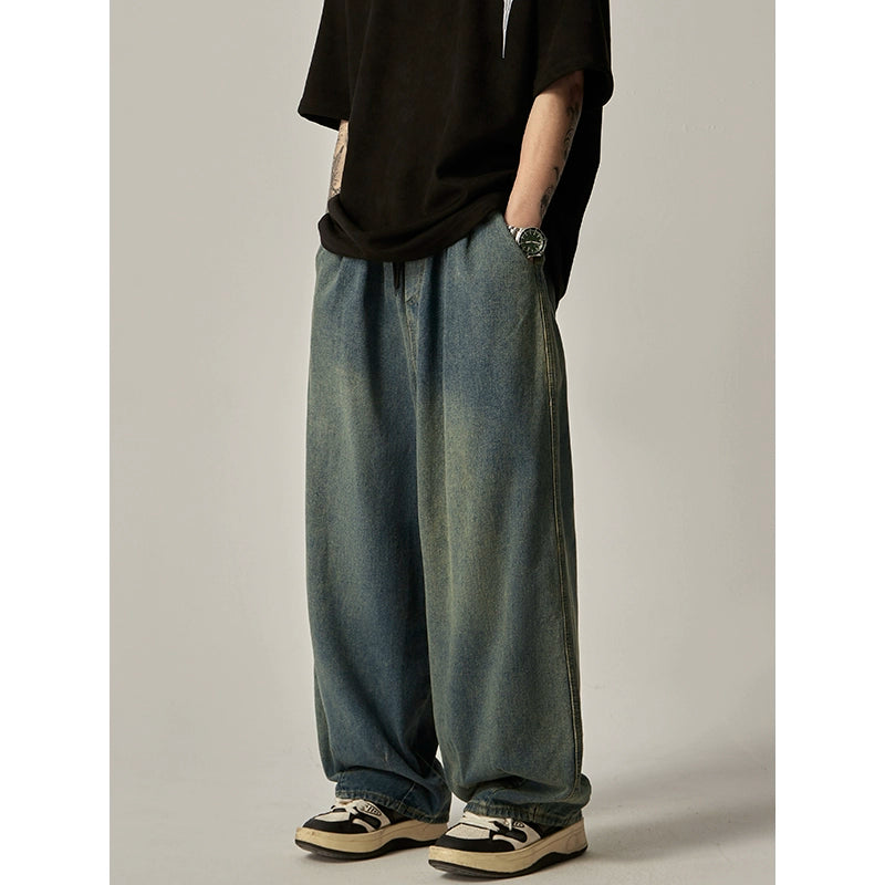 Wide Legged Washed Adjustable-Waist Jean Pants