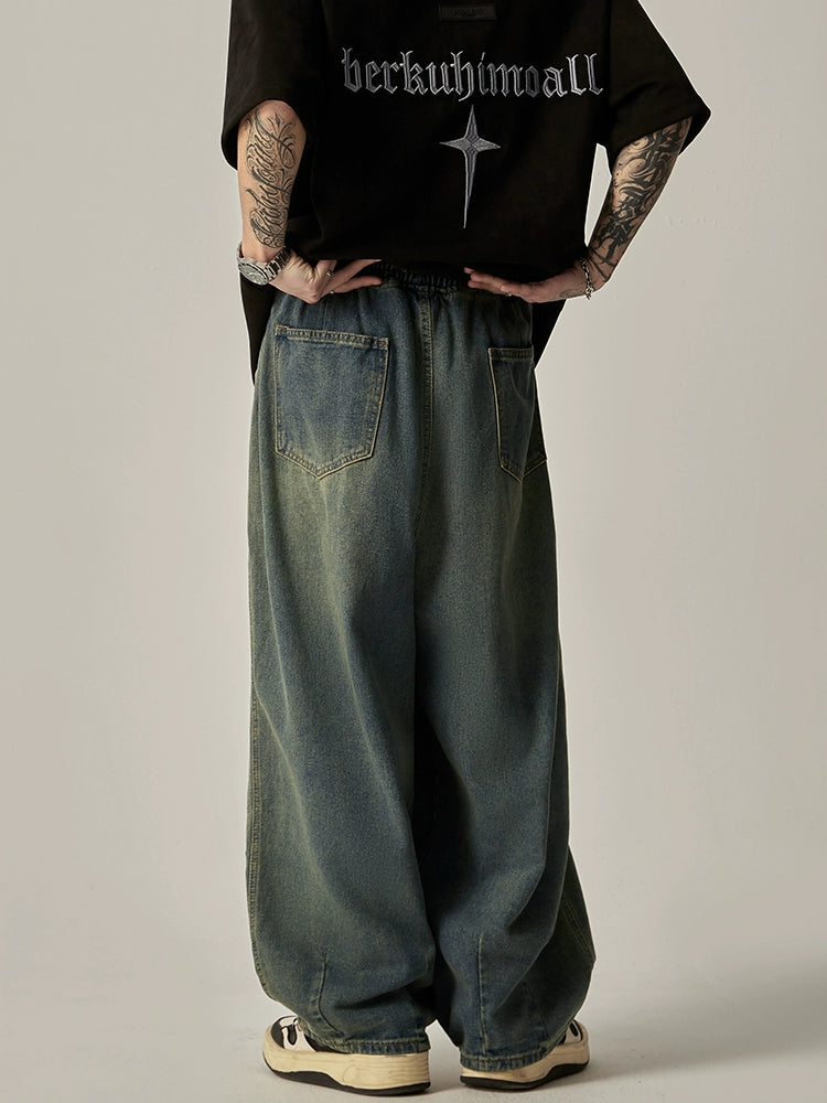 Wide Legged Washed Adjustable-Waist Jean Pants