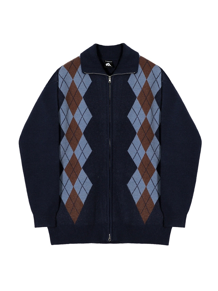 Argyle Knit Zip-Up